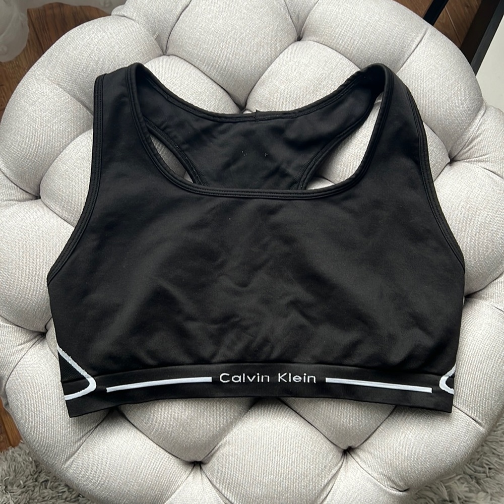 Calvin Klein Black White Racerback Sports Bra Size Large No Padding Athletic